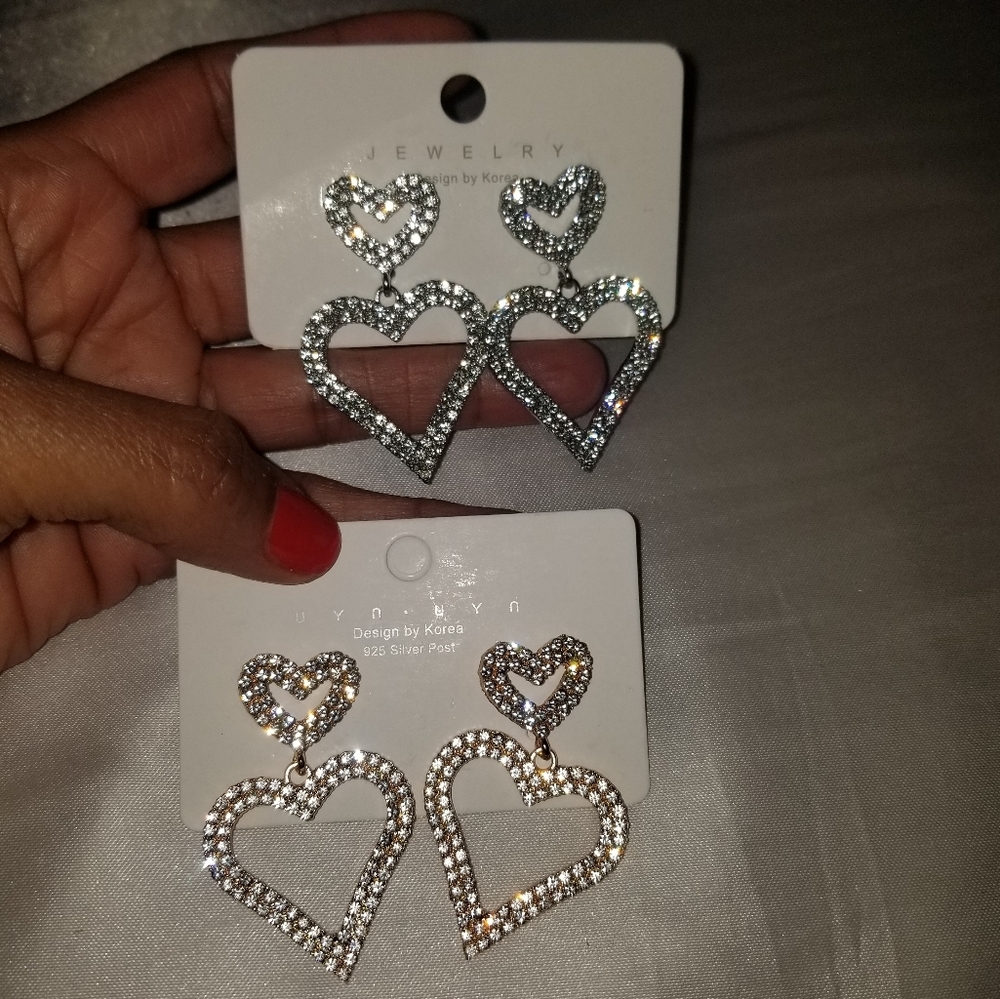 Rhinestone Heart Drop Earrings Statement Earrings Gold or Silver - Picture 13 of 13